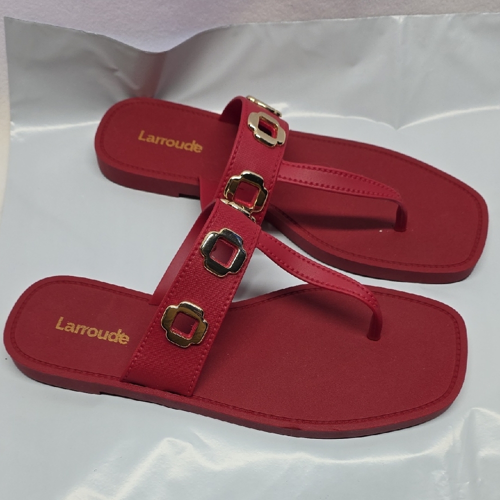 Larroude Red Women's Slide Sandals with Gold Buckle Accents